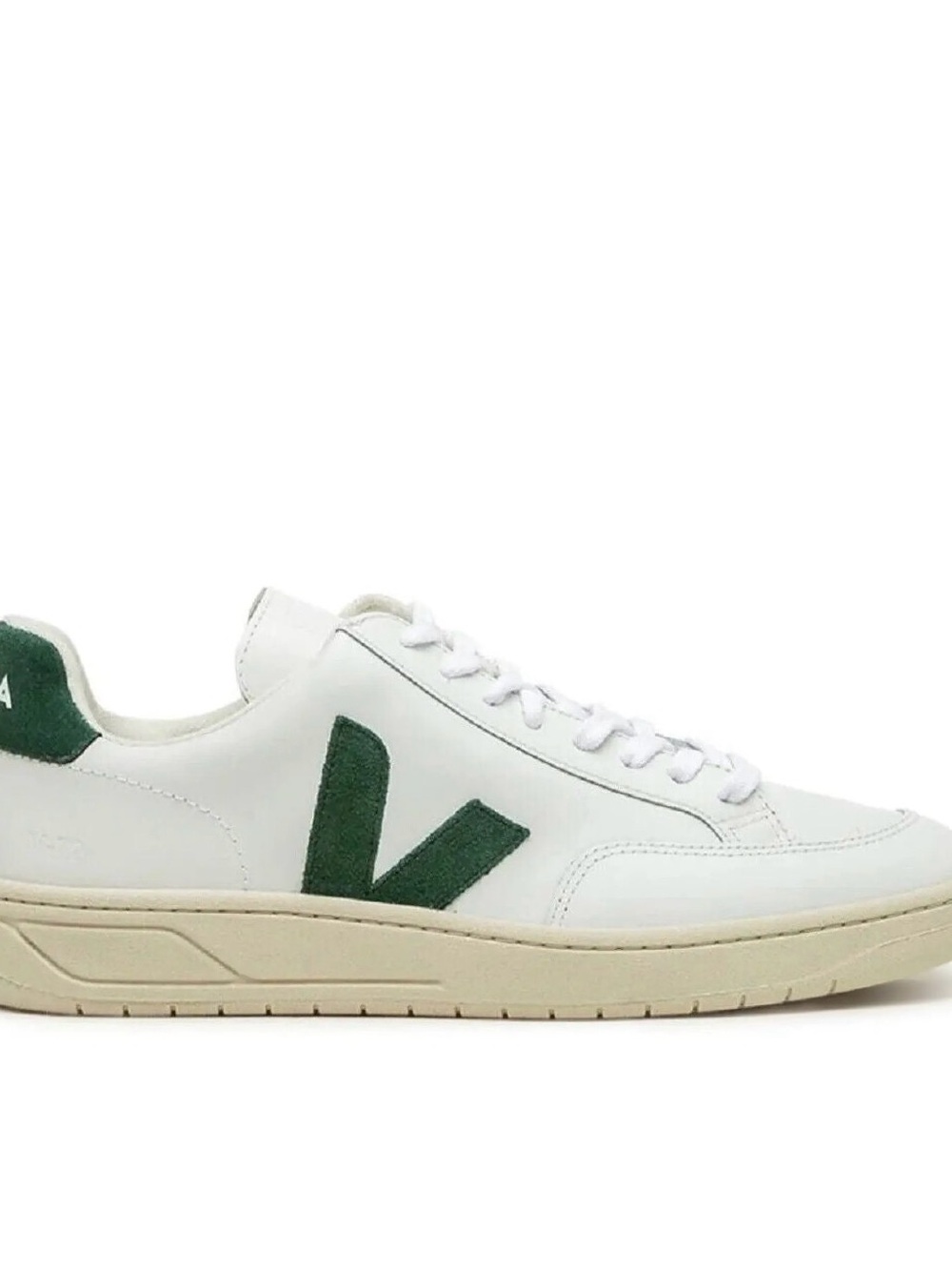 Veja V-12 White Leather Sneakers with Green V Accent - Women's Athletic Shoes